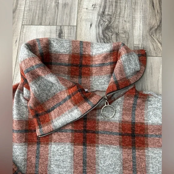 White Birch Plaid Cowl Neck Sweater Sweatshirt  Zip Detail Gray/OrangeSz L - Picture 5 of 7